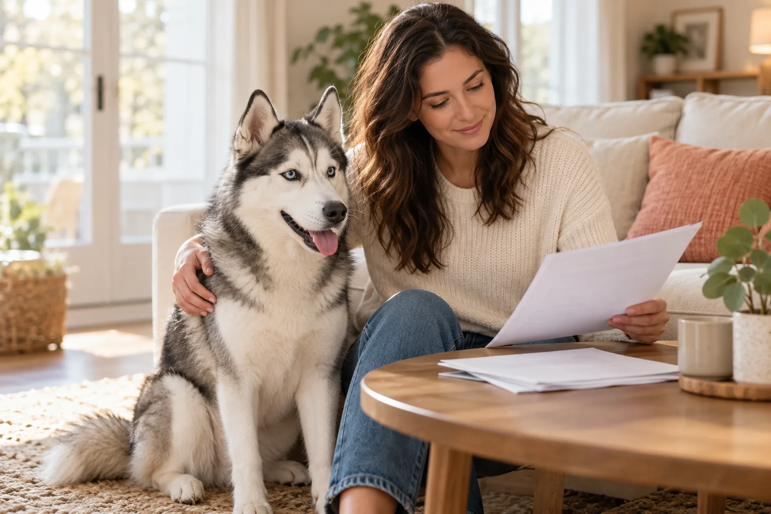 Gray-and-white Siberian Husky beside an owner reviewing paperwork at home